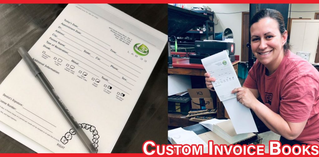 lindsey with a custom printed invoice book for a dental customer